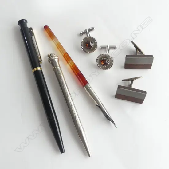 3 PENS (PENCIL, PIERRE CARDIN & AGATE INK DIP) + 2 PRS CUFFLINKS