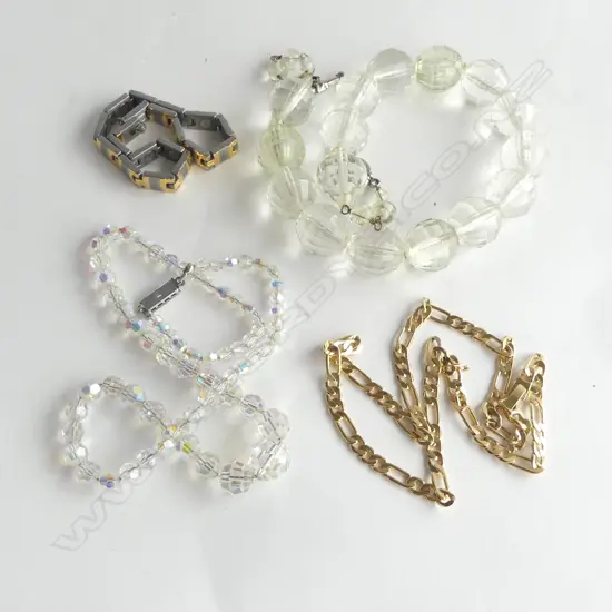 3 NECKLACES; GP, CRYSTAL, PLASTIC + BANGLE