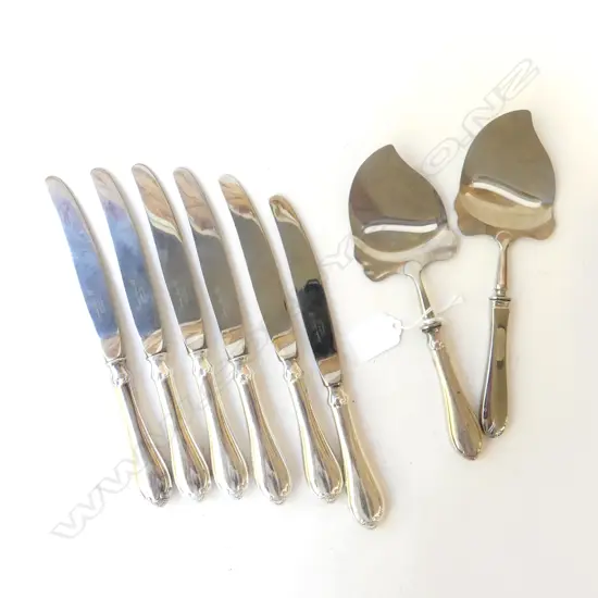 8 PCES NORWEGIAN CUTLERY; 6 KNIVES + 2 CHEESE SLICERS (probably silver mark for Magnus Aase)