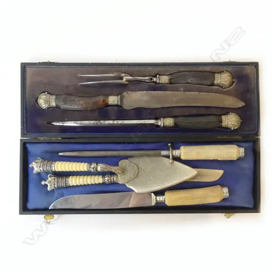 3 PCE CARVING SET, CASED + 4 OTHER PCES CUTLERY