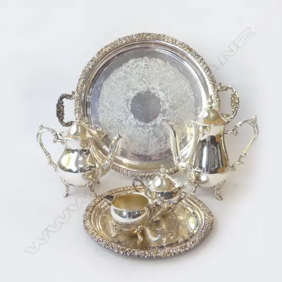 6 PCE SILVER PLATE TEA SET; 2 TRAYS 415, 285mm dia, TEAPOT, COFFEE POT, MILK & SUGAR