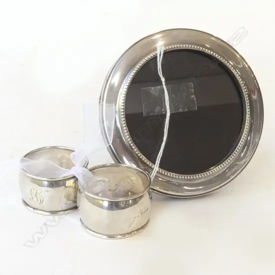 2 STG NAPKIN RINGS + STG PHOTO FRAME, B'HAM 1985 115mm dia