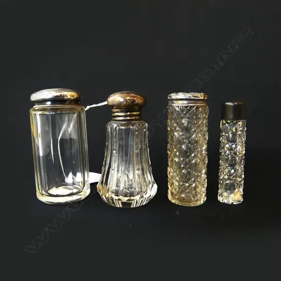 FOUR SILVER TOP DRESSING TABLE BOTTLE, H.80mm