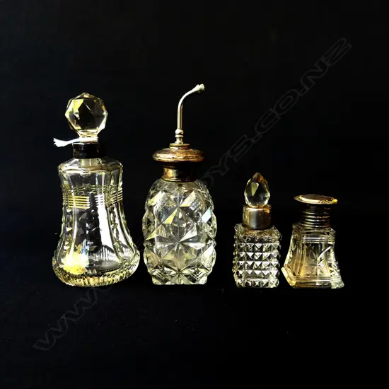 FOUR SILVER TOP DRESSING TABLE BOTTLE, TALLEST 130mm FAULTS