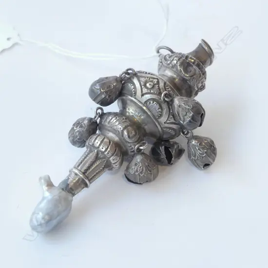 VICTORIAN BAROQUE PEARL SILVER BABY RATTLE, L.110mm, 63gm, SOME FAULTS 