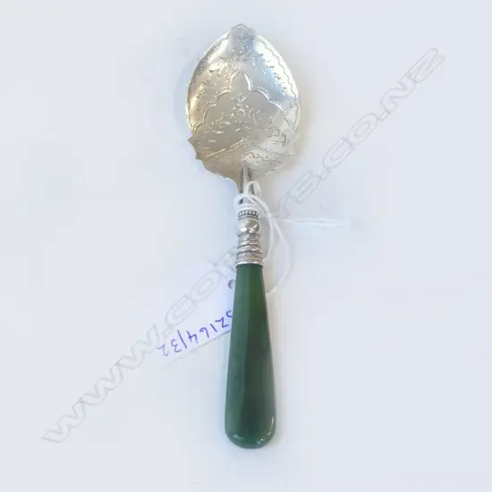  GREENSTONE & SILVER JAM SPOON, L.140mm,18gm