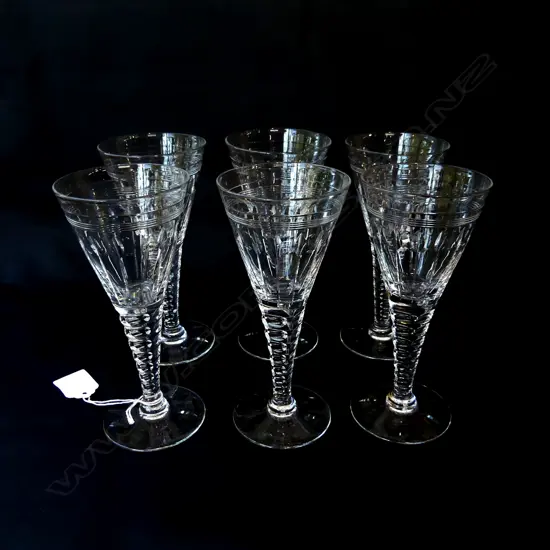 SIX STUART CRYSTAL WINE FLUTES, H.165mm