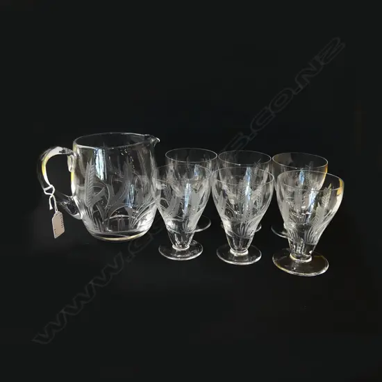 WHEAT PATTERN ETCHED CRYSTAL JUG, H.150mm & SIX MATCHING GLASSES, H.110mm