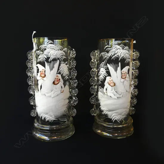PAIR OF VICTORIAN MARY GREGORY LEPRECHAUN GLASS VASES, H.250mm