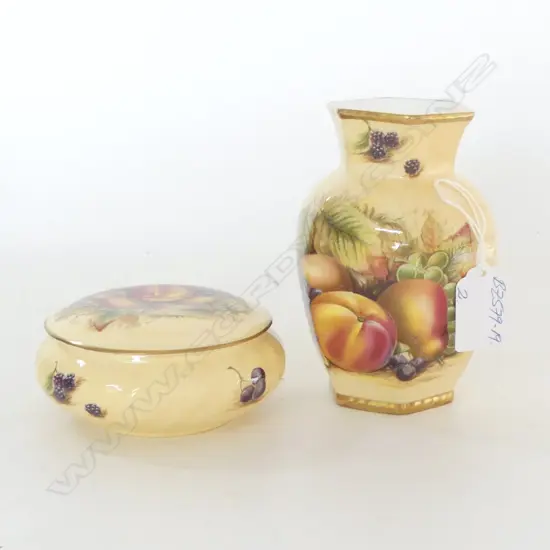 2 pces AYNSLEY 'Orchard Gold' PCES. Hexagonal Vase H.130mm + LIDDED BOWL Dia.100mm.