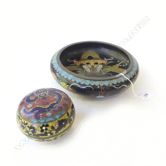 CLOISONNE BOWL 200mm dia, LIDDED CONTAINER 90mm dia