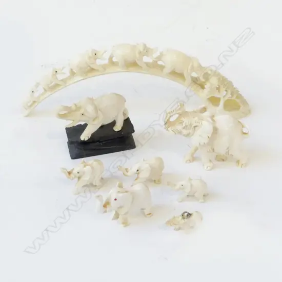 7 ASST. IVORY ELEPHANTS + BRIDGE W.205mm