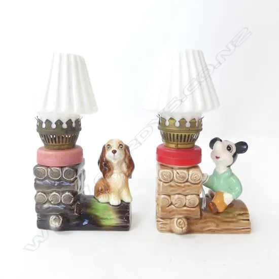 TWO VINTAGE DISNEY MICKEY MOUSE & LADY KEROSENE LAMPS STAMPED C. CROWN DISNEY LAMP, WITH GLASS SHADES, H. 135MM