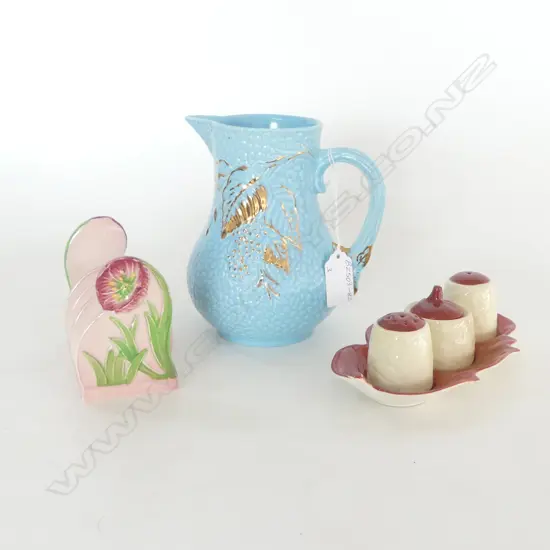 2 PC VINTAGE CARLTON WARE, TOAST RACK & CONDIMENT SET & WADE GOLDEN TURQUOISE JUG, H.145mm