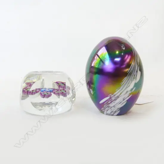 2 GLASS PAPERWEIGHTS; PERTHSHIRE MILLEFIORE & IRIDESCENT H.