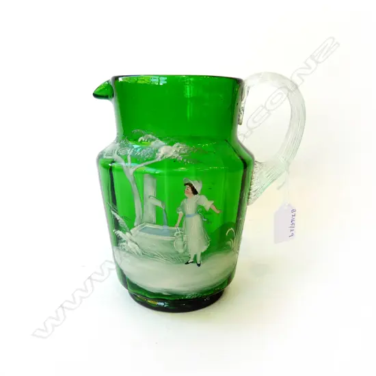VICTORIAN MARY GREGORY GREEN GLASS JUG, H.190mm