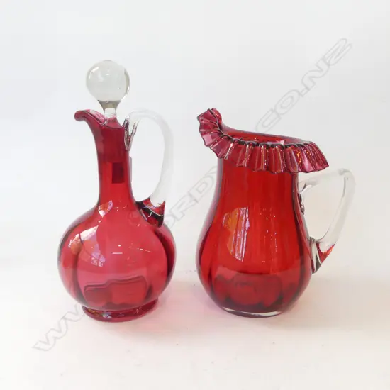 2 PCES ANTIQUE CRANBERRY / RUBY GLASS; JUG & DECANTER H.270mm