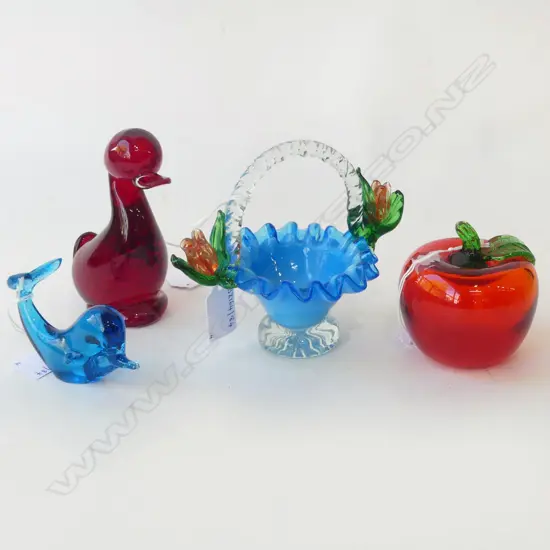 FOUR COLOURED GLASS PCS, BIRD 125mm, DOLPHIN 60mm, APPLE 70mm, BASKET 130mm