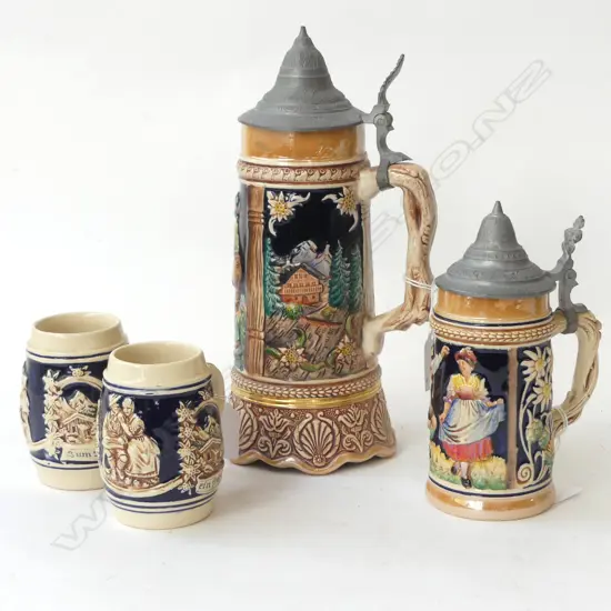 FOUR GERMAN BEER STEINS - TWO LIDDED, H.90-260mm