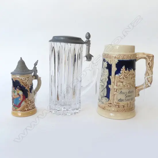 3 STEINS, PEWTER LIDDED GLASS (H.200mm) & TWO GERMAN, H.140-170mm