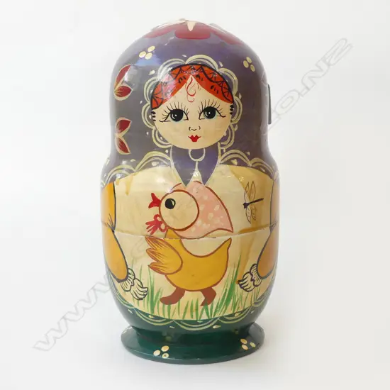 LARGE RUSSIAN WOOD FOLK ART HAND PAINTING TEN STACKENS DOLLS. H.245mm