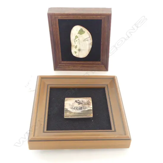2 FRAMED MARINE IVORY SCRIMSHAW, MAP OF THE HAWAIIAN IS, H.30 x 55mm & WHALE, H.35 x 40mm, HAWAIIAN CRAFTED