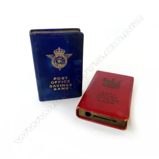 TWO NZ POST OFFICE SAVINGS BANK MONEY BOXES RED & BLUE, L.118MM