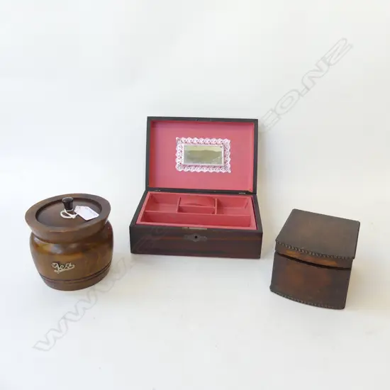 3 WOODEN BOXES – TWO TEA CADDIES &  JEWELLERY BOX WITH GLADIATOR DECORATION, L.120MM - 220MM