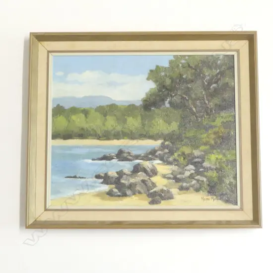 MARGE MARTIN OIL PAINTING 'MOUNT HARBOUR ENTRANCE' signed. Entitled verso. 360 x 440mm