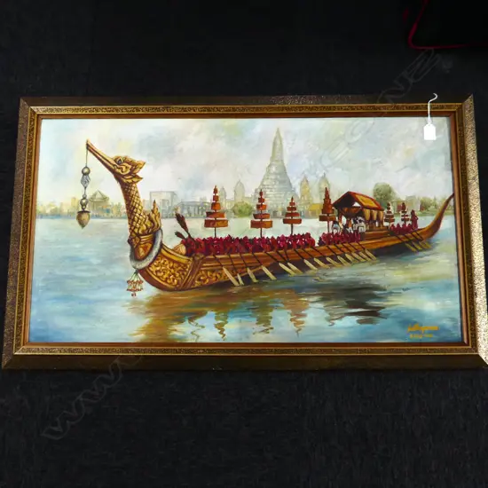 SATHAPORN ASIAN BOATING SCENE OIL ON CANVAS 475 BY 880MM