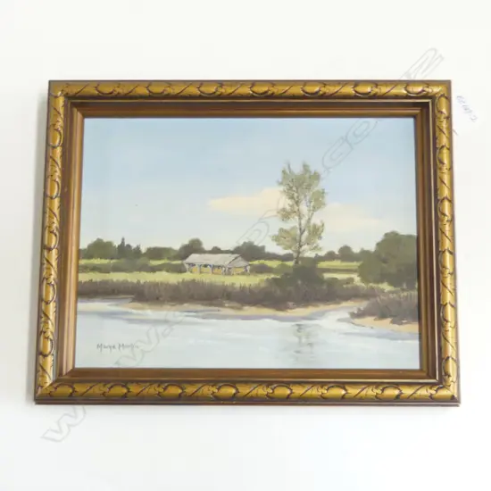 MARGE MARTIN OIL PAINTING HAYBARN & ESTUARY 220 X 290mm