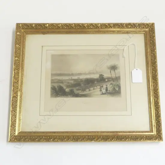 19thC AQUATINT ENGRAVING 'SINGAPORE' w British forces gilt framed 290 x 340mm
