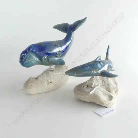 2 CERAMIC SCULPTURES RIGHT WHALE & MANO SHARK, MOUNTED ON VOLCANIC STONE BASE,  , HAWAIIAN. H.150mm & 90mm