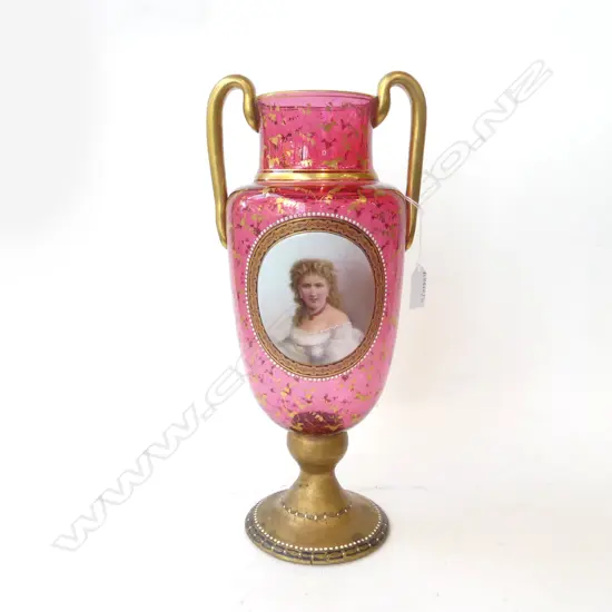 LG LATE 19thC GILDED CRANBERRY GLASS VASE w. PORTRAIT H.380mm