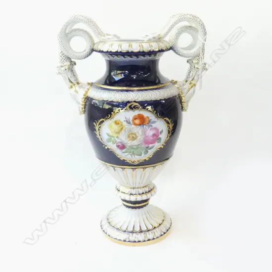 LG ORNATE MEISSEN VASE w. DOUBLE SERPENT HANDLES H.390mm chips to base