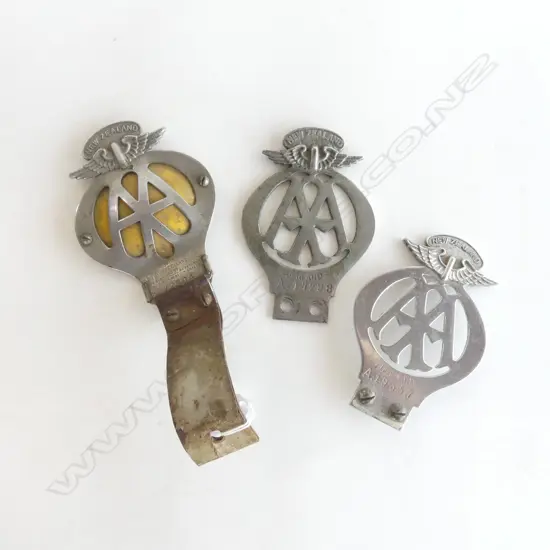 3 VINTAGE HEAVY METAL AA AUTOMOBILE BADGES, W.90mm L.130mm (1 w extension)