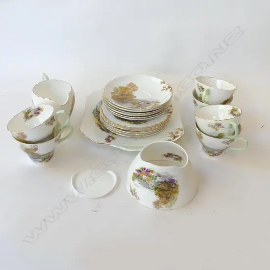 21 PCE SHELLEY 'HEATHER' TEA SET; 3 TRIOS, JUG, CAKE PLATE & SUGAR BOWL (BROKEN IN 2 CLEAN PCES)