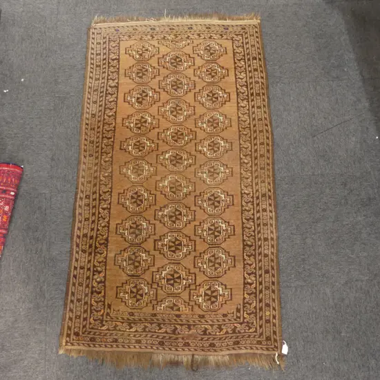 SEMI ANTIQUE BALUCHI ALL WOOL RUG mid brown tones 3 rows of guls 1620 x 910mm