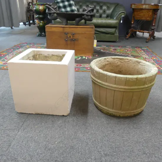 2 CONCRETE GARDEN PLANTERS; BARREL 430mm dia & CUBE POT H.350mm