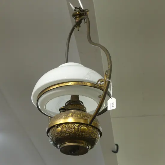 EDWARDIAN  HANGING KERO LAMP WITH SHADE, H.580mm, DIA.380mm 