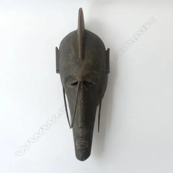 LARGE CARVED WOOD AND COPPER VINTAGE AFRICAN FACE MASK,