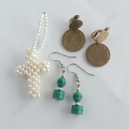 FRESH WATER PEARL CROSS + 2 PRS EARRINGS; COINS & MALACHITE 