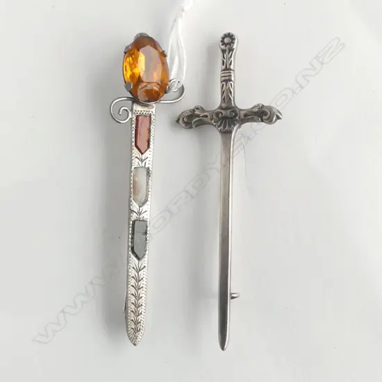 2 VINTAGE SILVER SWORD BROOCHES:1 SCOTTISH gem set 
