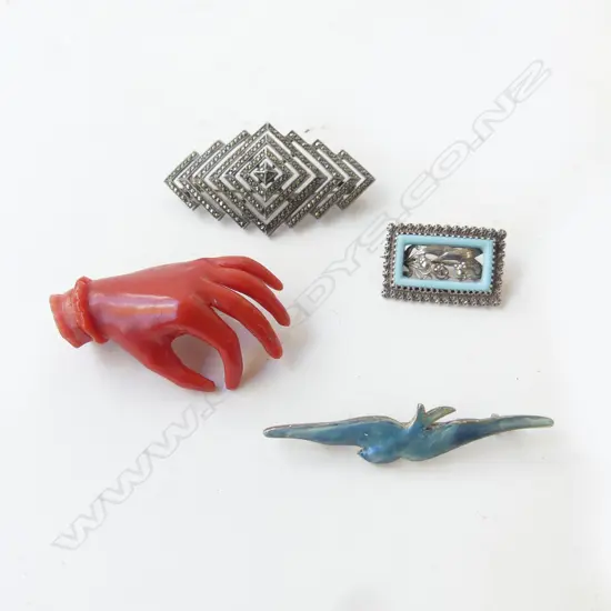 4 ASST. BROOCHES; STG, FAUX CORAL HAND ETC