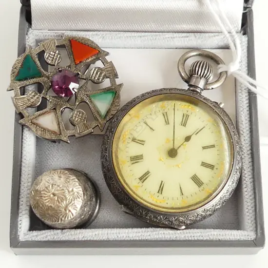3 ANTIQUE SILVER ITEMS: FOB WATCH + SCOTTISH BROOCH + THIMBLE