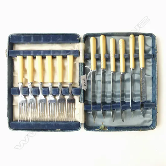 3 CASES CUTLERY; 12 PCE IVORINE FISH SET, 6 COFFEE SPOONS, KNIFE & SPOON