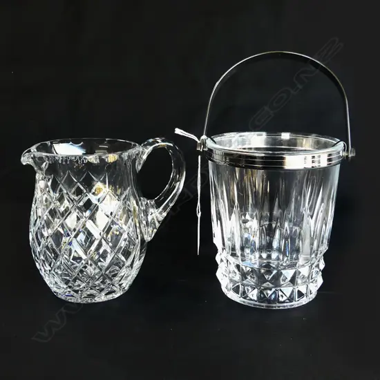 CRYSTAL JUG, ICE BUCKET, SILVER PLATE CHAMPAGNE OPENER & WINE POURER