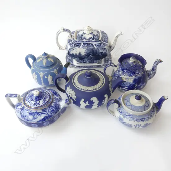 6 B/W TEAPOTS; WEDGWOOD ETC some faults