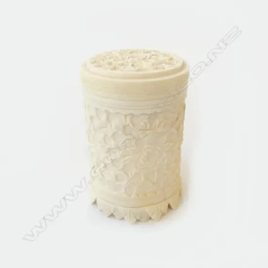IVORY CARVED FLORAL LIDDED CONTAINER, H.90MM