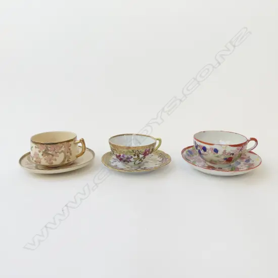 THREE ANTIQUE JAPANESE CUPS & SAUCERS HAND PAINTED SATUSMA ETC